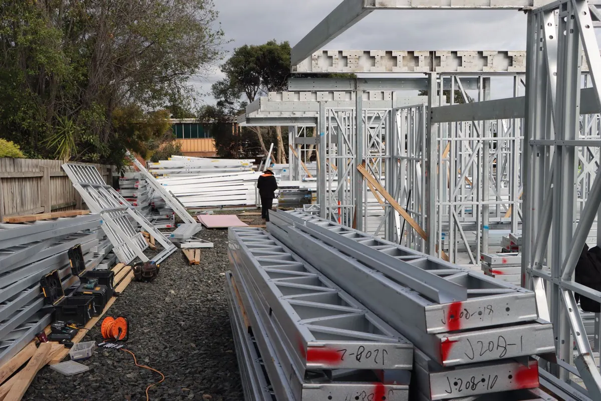 Labelled steel floor trusses for installation at Doncaster East
